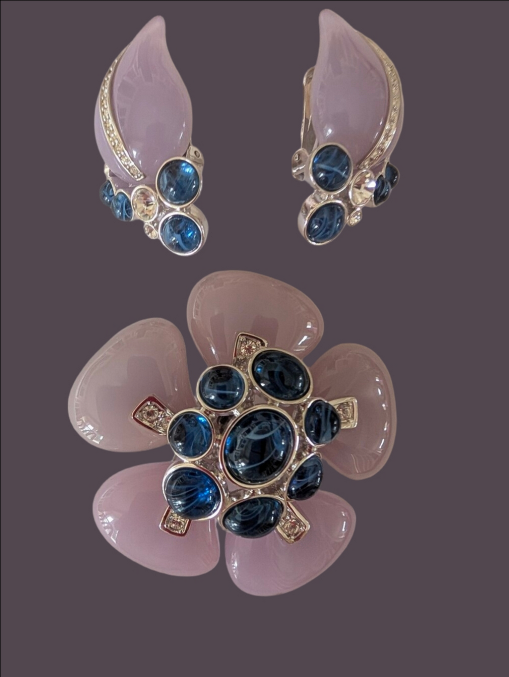 Vintage Kenneth J Lane Lavender Blue Flower Brooch Clip-On Earrings Set
